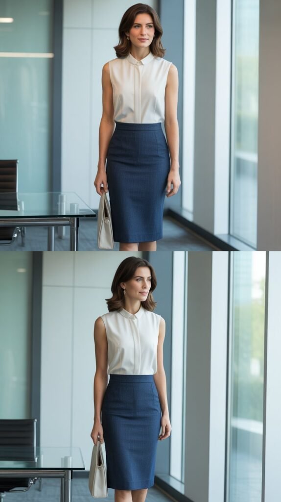 Linen Blend Pencil Skirt with Sleeveless Shell