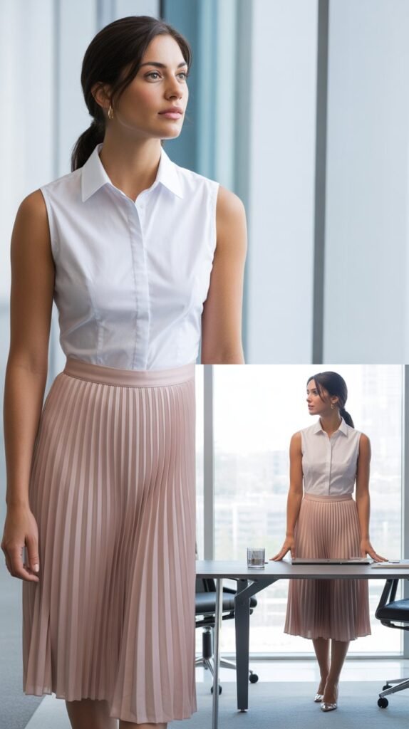 Sleeveless Button-Down Shirt with Midi Skirt