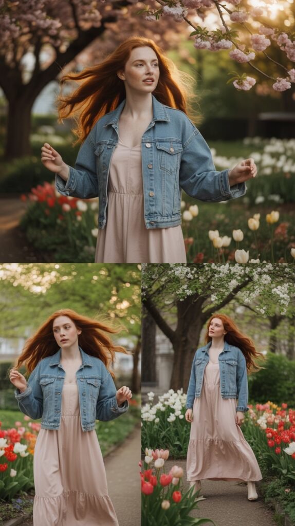 Blush Pink Maxi Dress with Denim Jacket