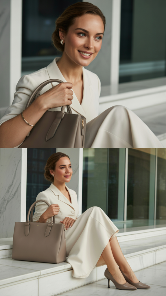 Ivory Dress with Taupe Accessories