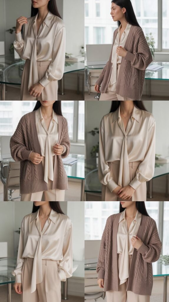 Silk Blouse and Cashmere Cardigan Layering