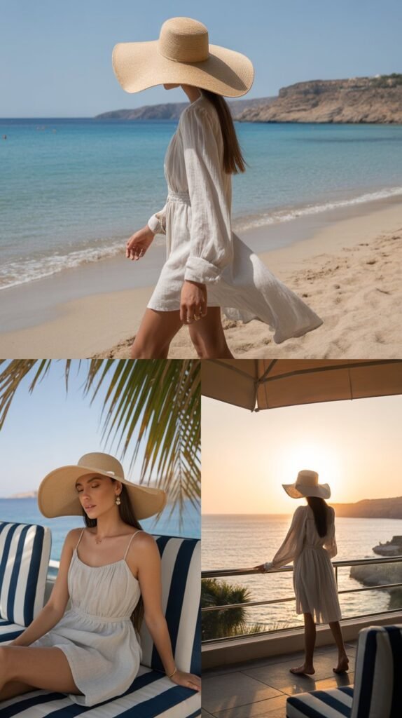 Off-White Linen Dress with Oversized Sun Hat