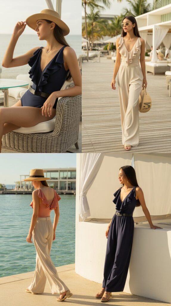 Ruffled One-Piece Swimsuit with Wide-Leg Pants