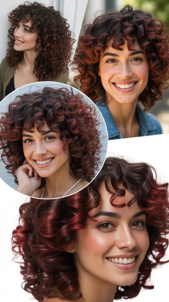 Chocolate Cherry Highlights on Dark Brown Curls