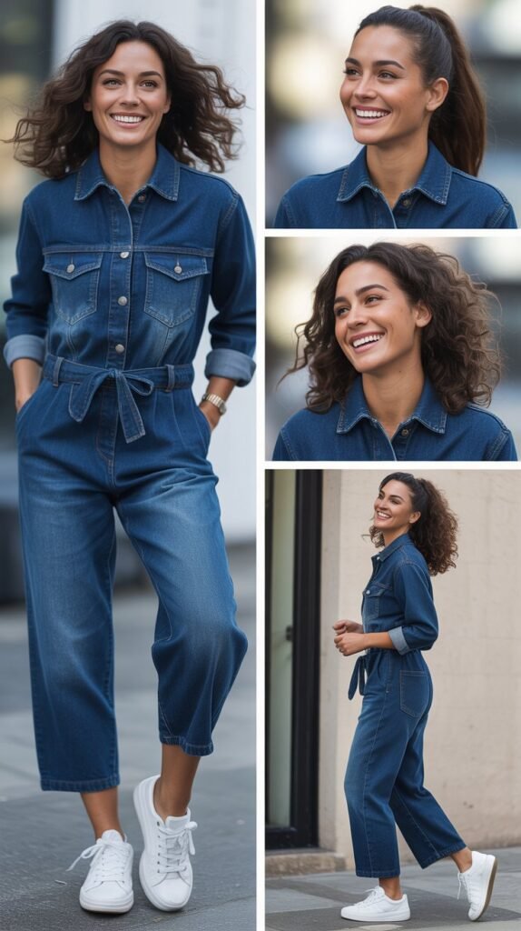 Denim Jumpsuit with White Sneakers