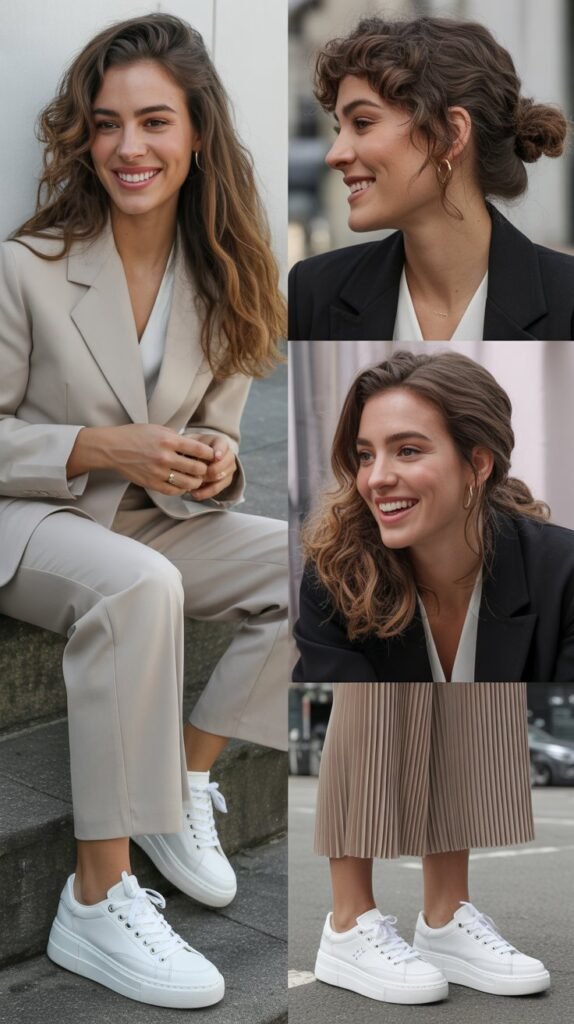 Classic White Sneakers with Tailored Pieces