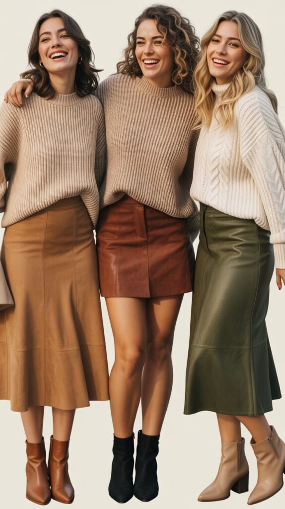 Suede Skirt with Chunky Knit and Ankle Boots