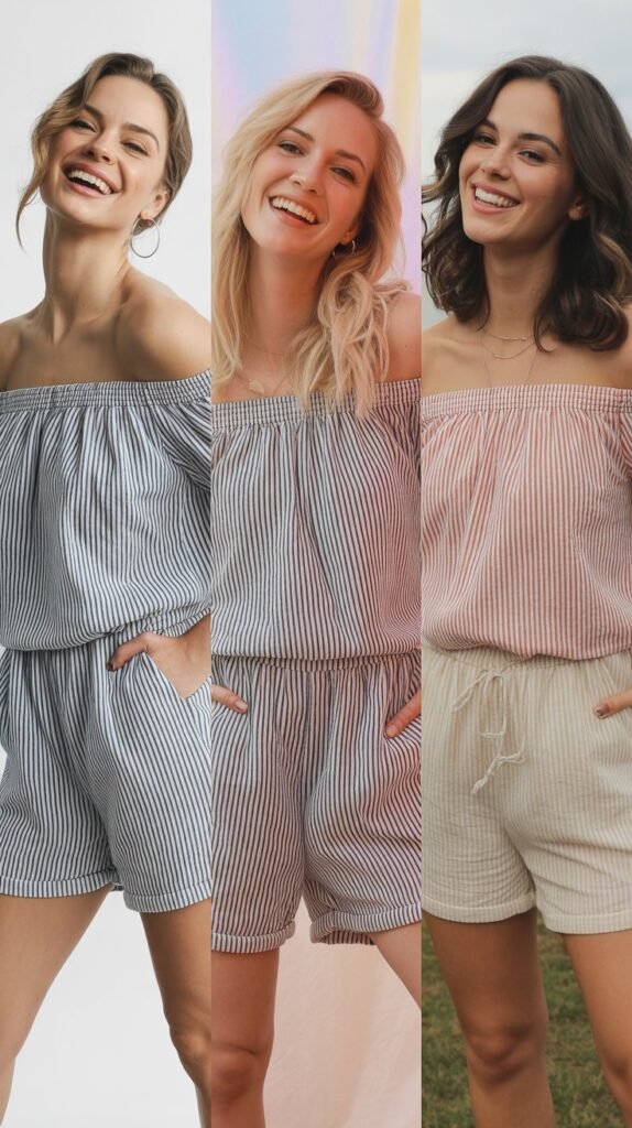  Striped Off-Shoulder Romper