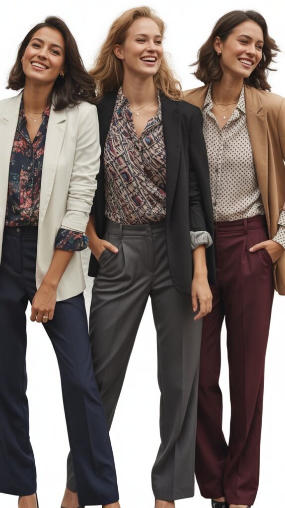 Printed Blouse with Solid Trousers and Blazer