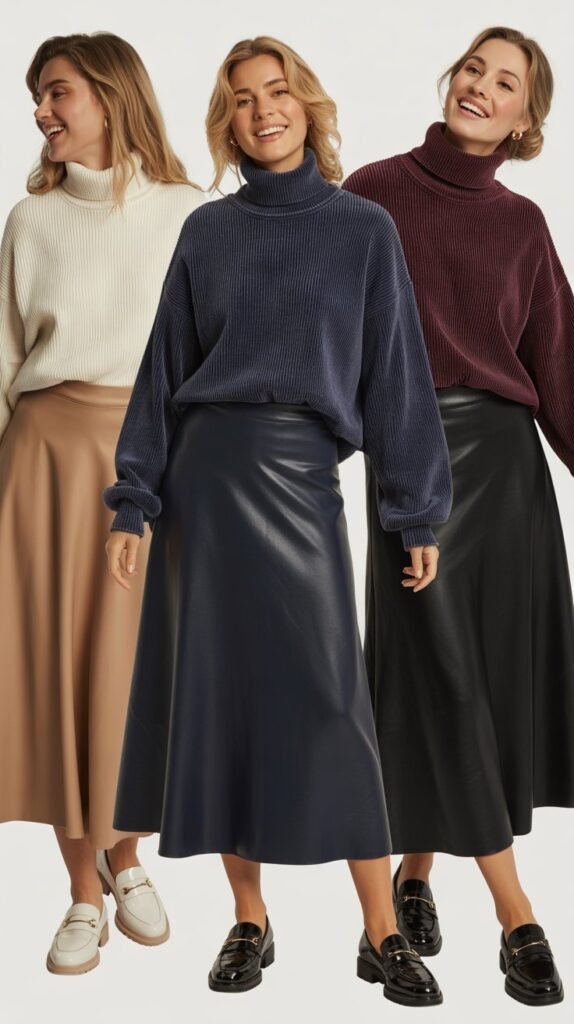 Turtleneck Sweater with Midi Skirt and Loafers