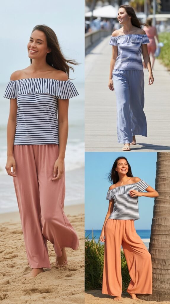Striped Off-Shoulder Top with Beach Pants