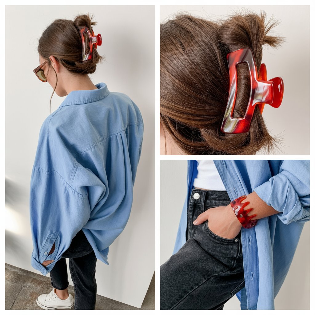 Red Claw Clip with Casual Button-Down