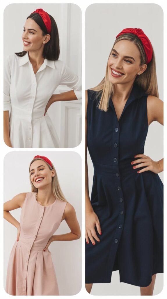 Button-Down Dress and Red Hairband Chic