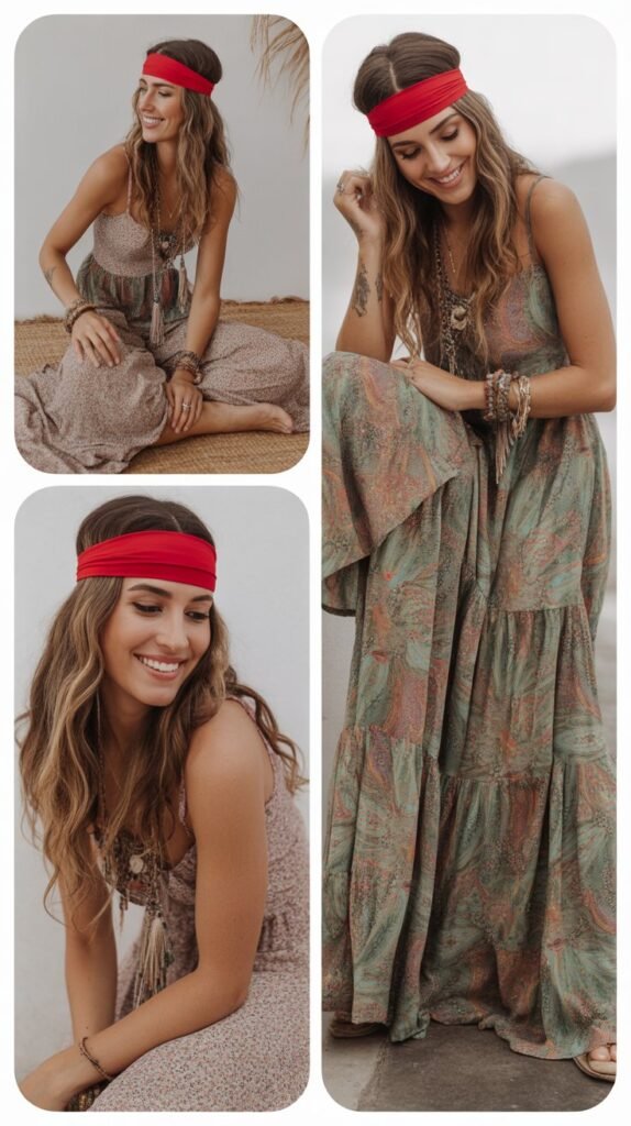  Maxi Dress and Red Hairband Bohemian Style