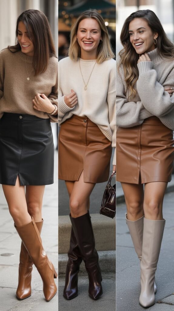 Leather Skirt with Cozy Sweater and Boots