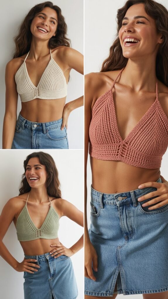  Crochet Bikini Top and Denim Skirt