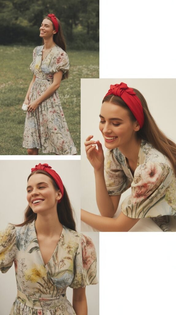 Floral Dress with Red Hairband Accent