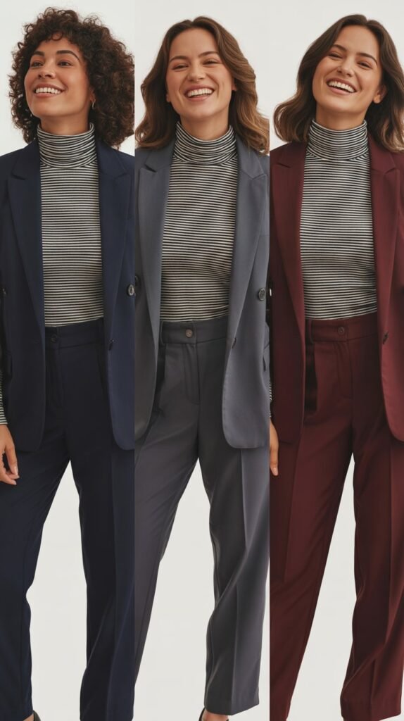 Striped Turtleneck with Solid Blazer and Trousers