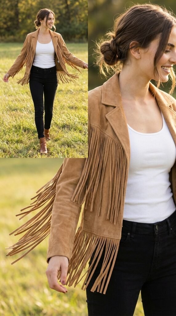 Suede Fringe Jacket Over Simple Basics