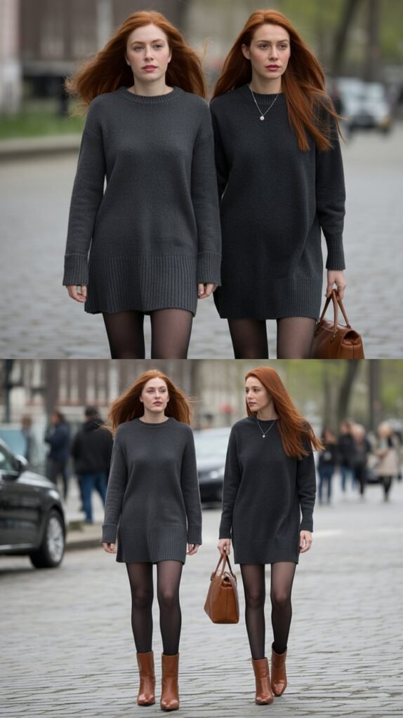 Charcoal Grey Sweater Dress with Cognac Boots