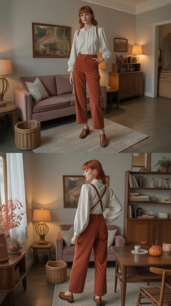 Rust Corduroy Pants with White Blouse