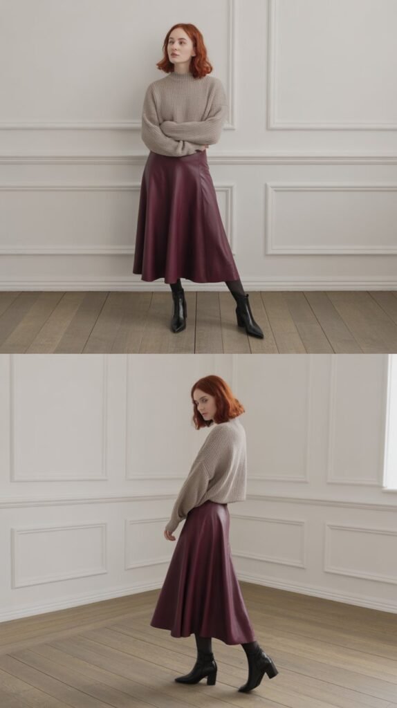 Deep Purple Midi Skirt with Beige Sweater