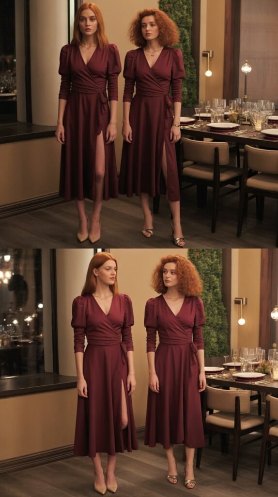 Burgundy Wrap Dress with Nude Heels