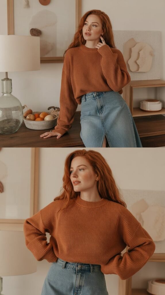 Burnt Orange Sweater with Denim Skirt