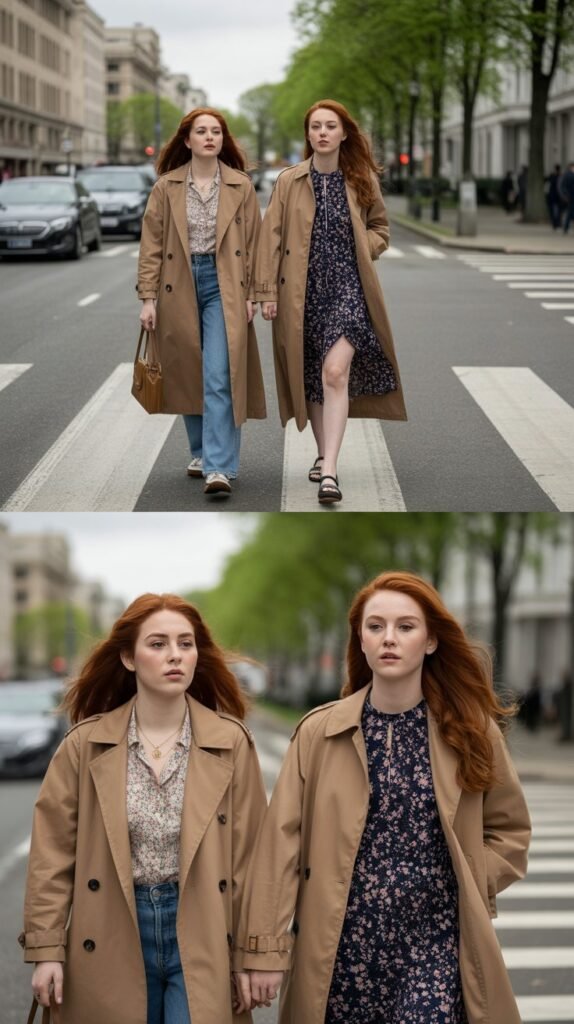 Camel Trench Coat over Floral Dress