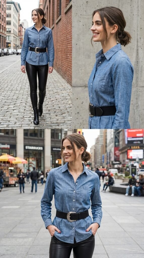 Chambray Shirt with Faux Leather Leggings