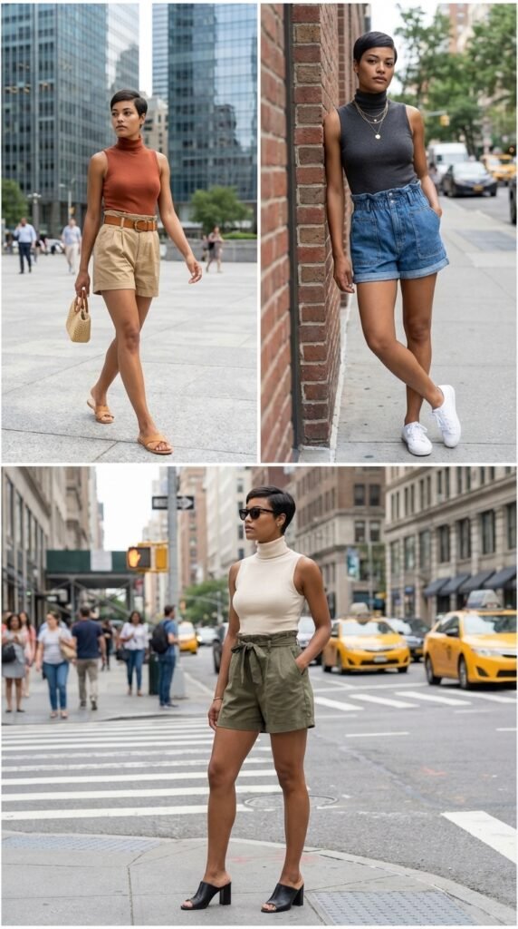 Sleeveless Turtleneck with Paper-Bag Shorts