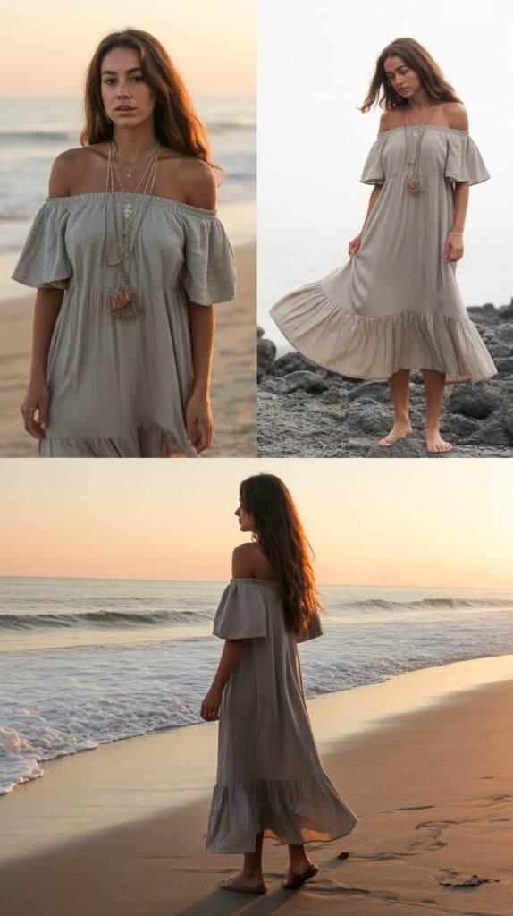 Off-Shoulder Bohemian Dress with Layered Jewelry