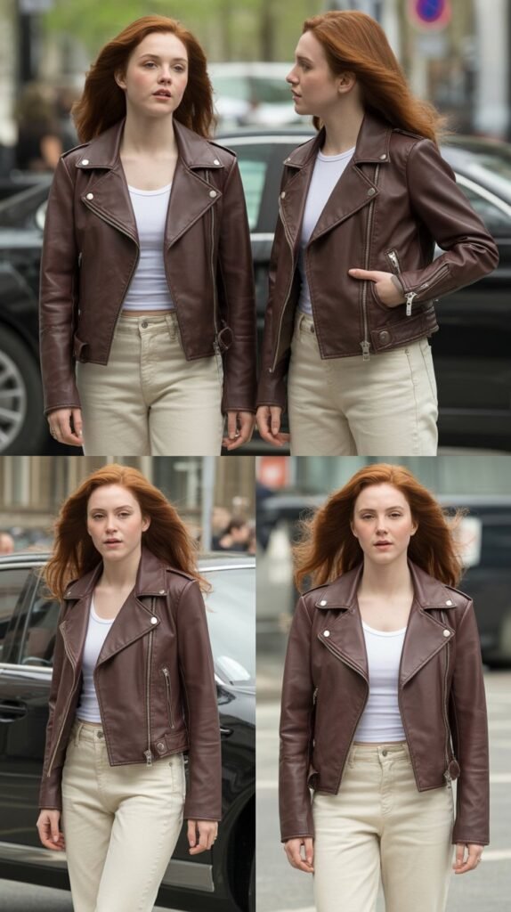 Chocolate Brown Leather Jacket with Cream Jeans