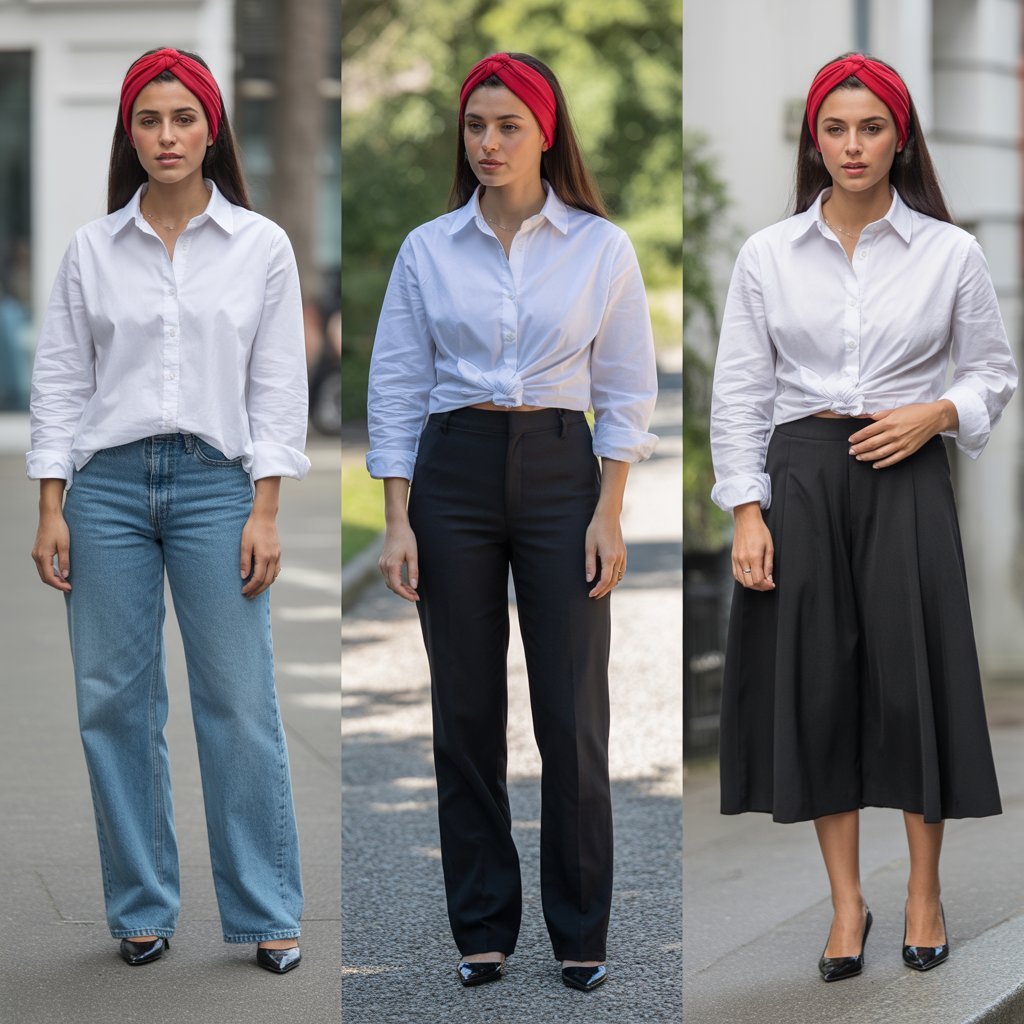 Classic Red Headband with White Button-Down Shirt