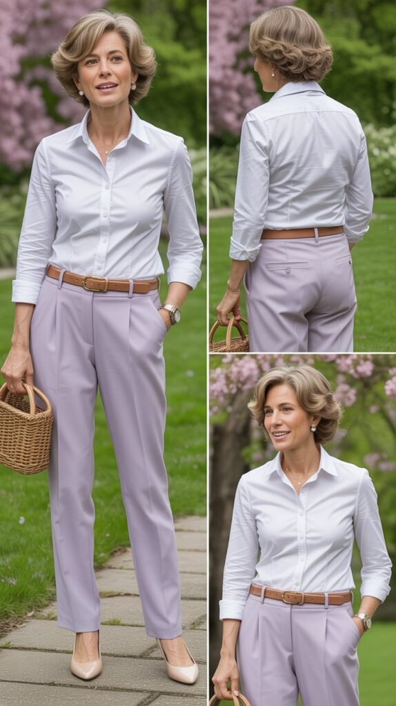 Classic White Shirt and Pastel Trousers Combination