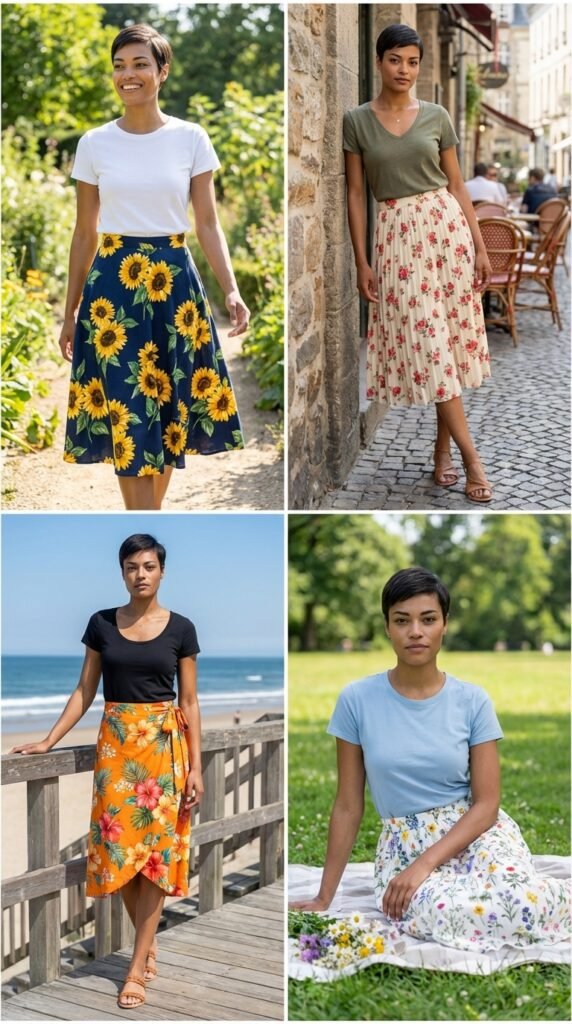 Floral Midi Skirt with Tucked T-Shirt