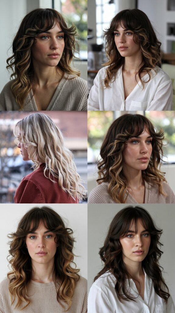Side Bangs With Loose Cascading Curls And Face-Framing Highlights