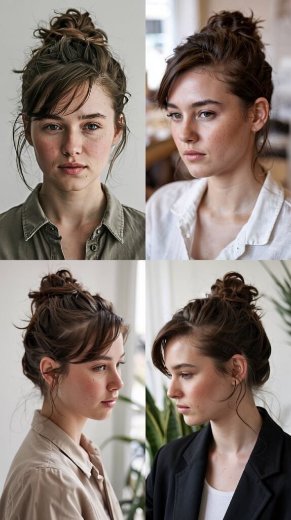 Side Bangs With Messy Top Bun