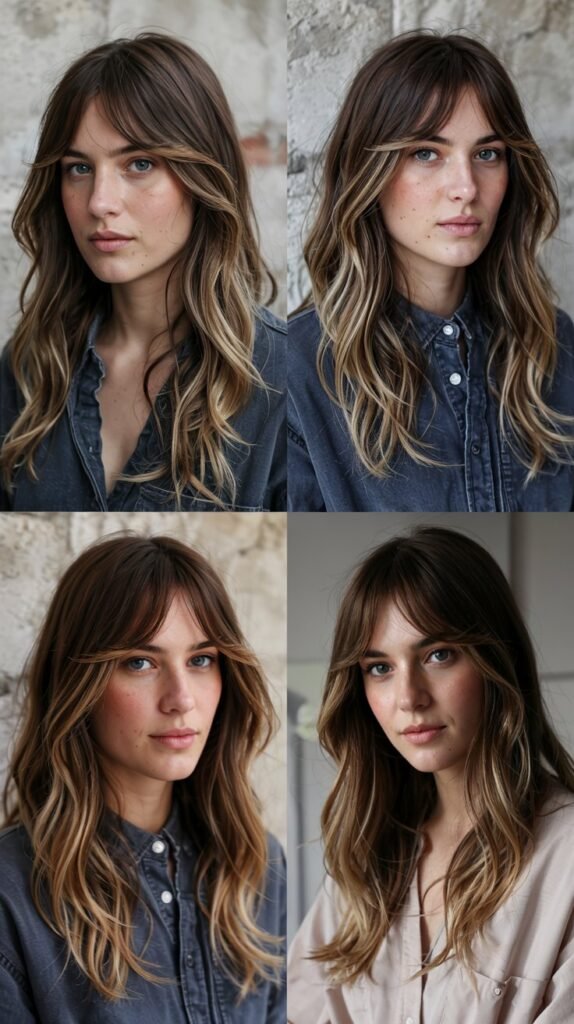 Textured Side Bangs With Balayage Highlights