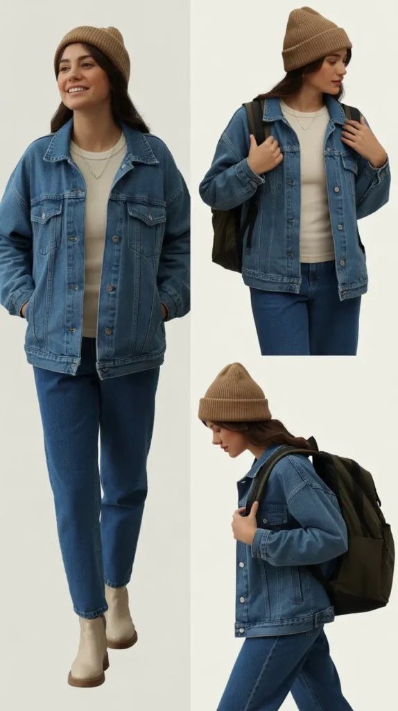  Thermal Undershirt Layered Under Denim Jacket and Jeans