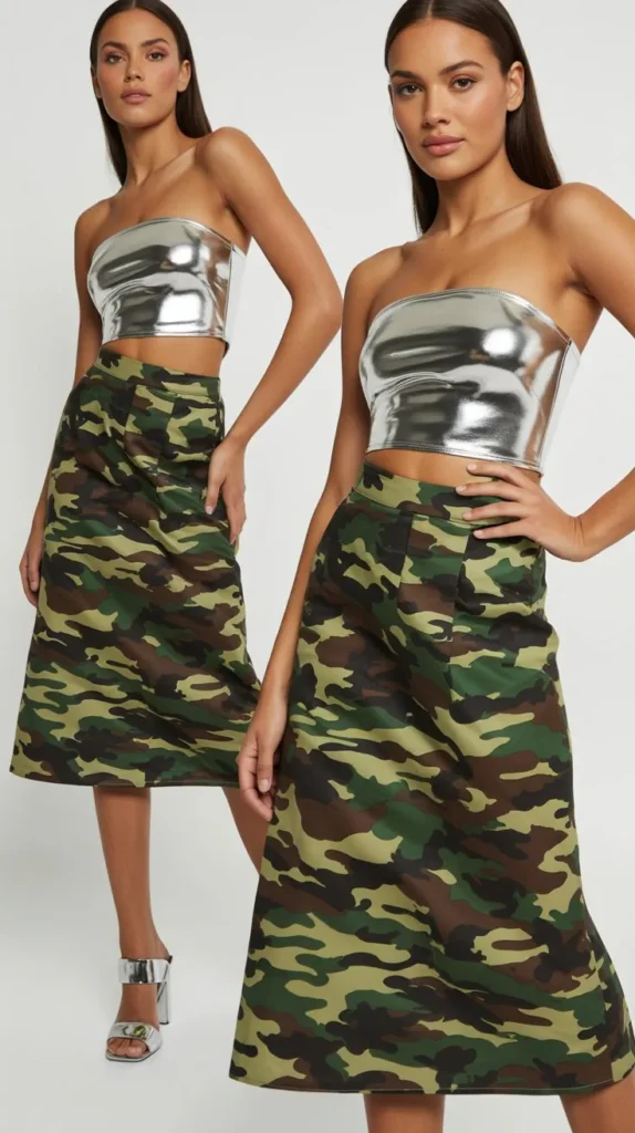   Camo Skirt With a Metallic Silver Tube Top