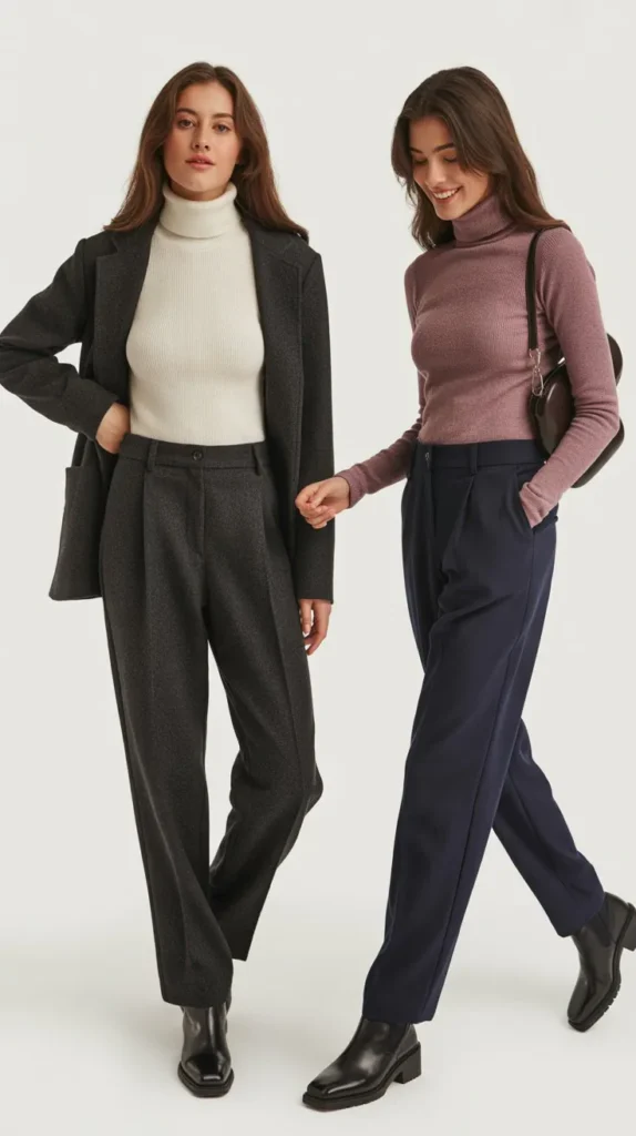 Wool Blend Trousers with a Fitted Turtleneck