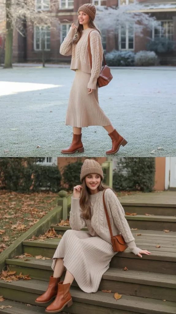  Pom-Pom Beanie with Colour-Blocked Puffer and Jeans
