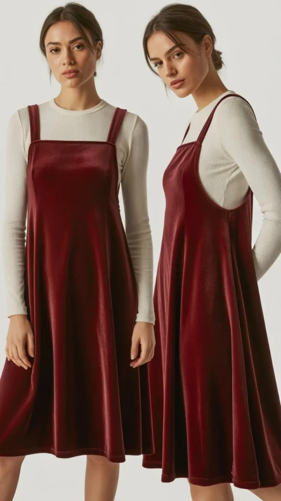 Velvet Pinafore Dress Over a Long-Sleeve Top