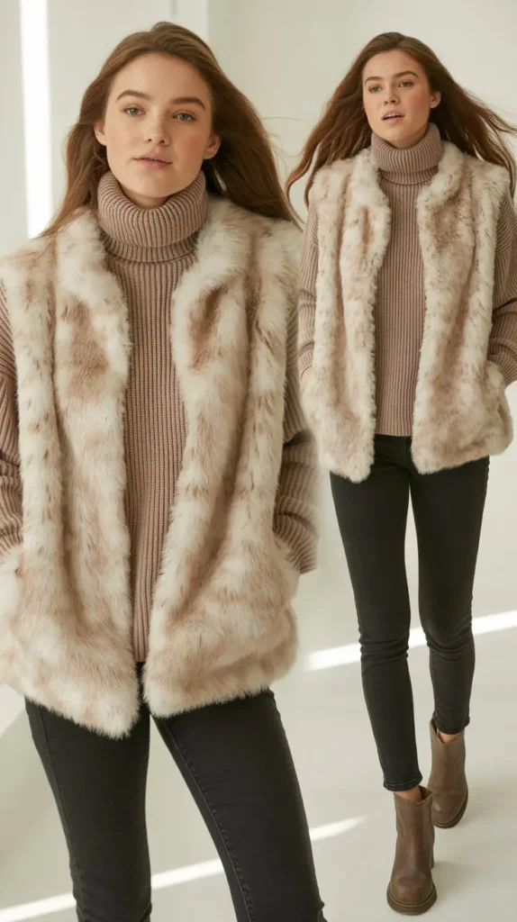 Faux Fur Vest Over a Ribbed Turtleneck