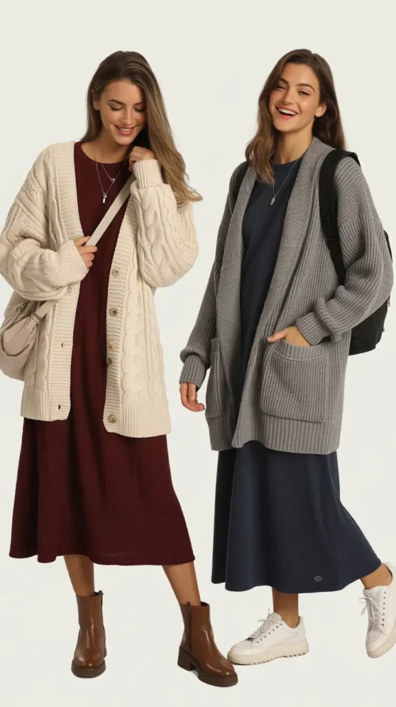 Cable-Knit Cardigan Over a Long-Sleeve Dress