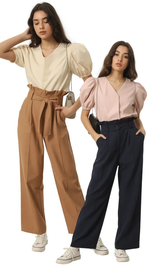 Paperbag Waist Pants with a Puff-Sleeve Blouse