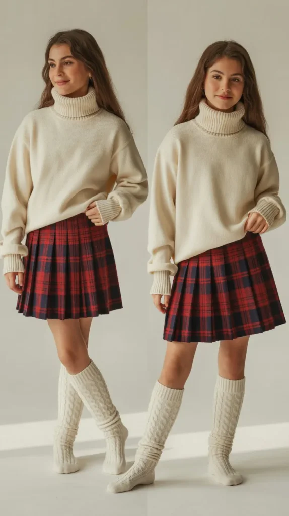 Turtleneck Top with Plaid Skirt and Knee-High Socks
