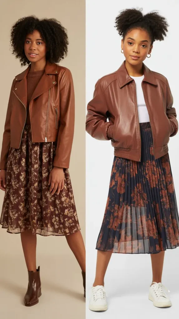 Brown Leather Jacket with Floral Midi Skirt