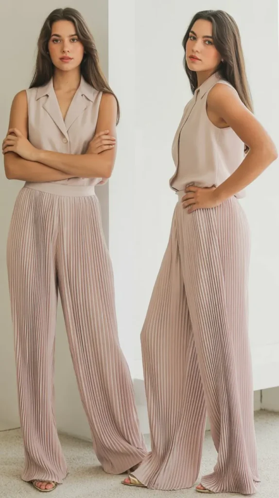  Plisse Pleated Trousers with a Sleeveless Blouse